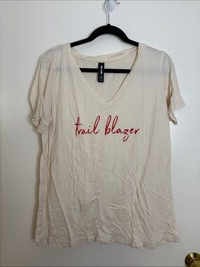 Agnes & Dora Cream V-Neck Tee with Red Script